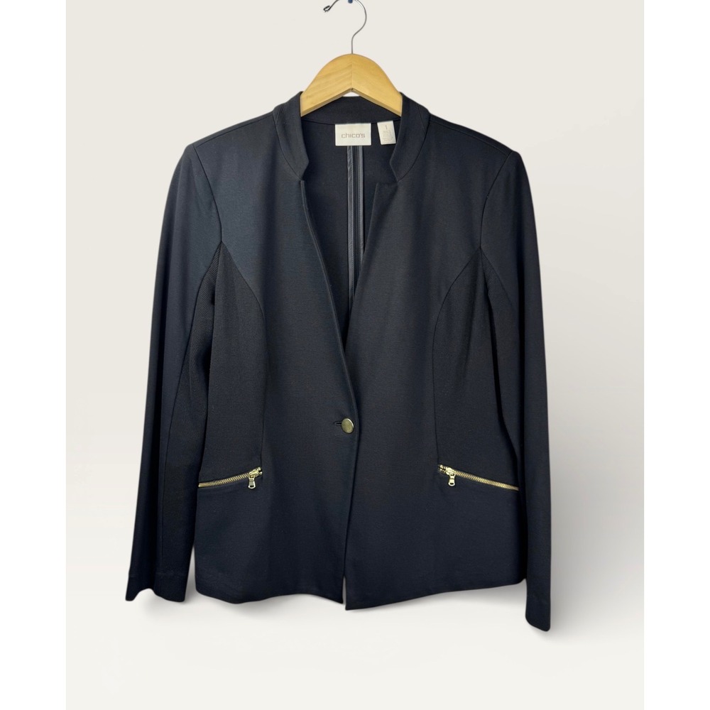 Chicos Black Stretch Kinit Blazer Jacket Gold Zip Pockets Collarless Sz‎ 1 Med/8